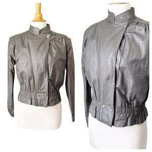 Vintage Gray Leather Bomber Jacket - Medium